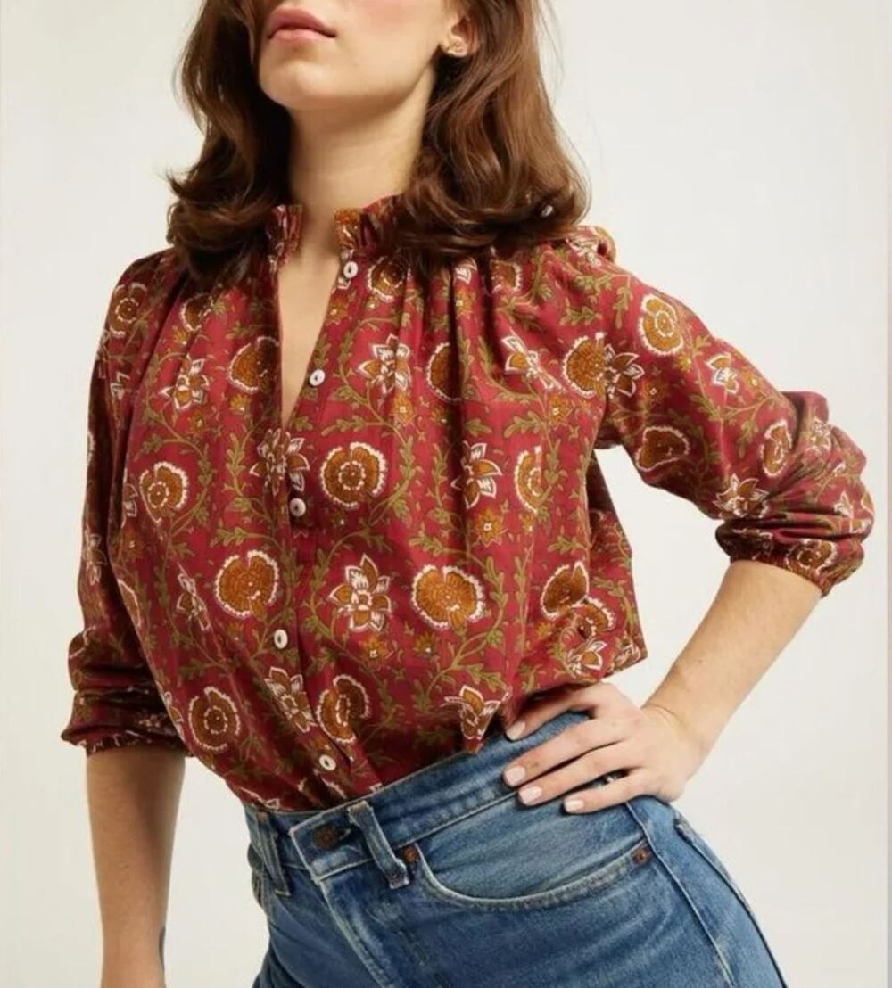 Mille Francesca Button Up Blouse Small Cinnabar Floral 100% Cotton Poplin Boho